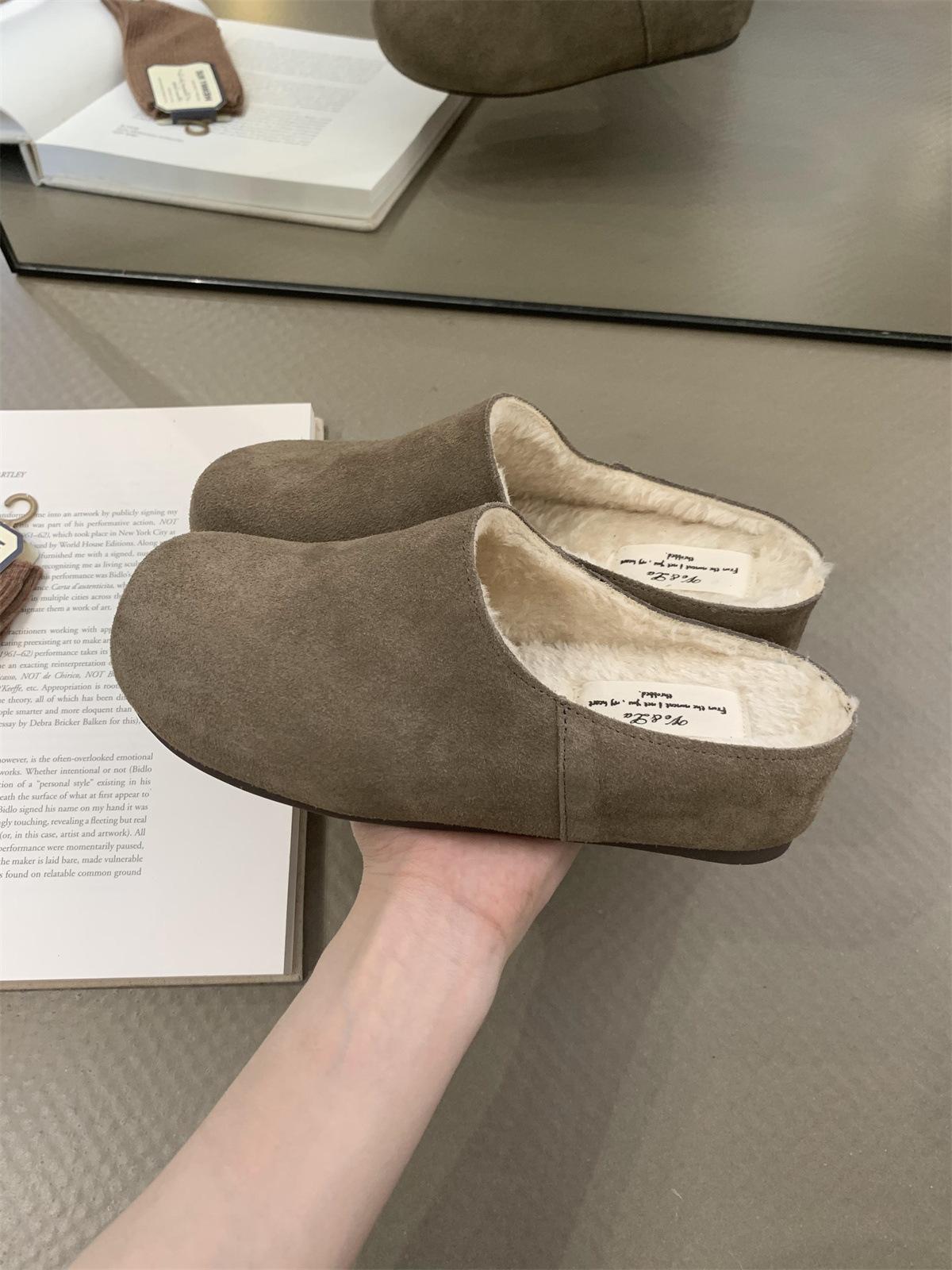 

3CM inner height increase~ velvet Boken shoes thick sole half drag autumn and winter new soft leather one pedal lazy bag head half drag 40