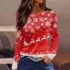 Women's Fashion Casual Slit Hem Round Neck Long Sleeve Loose Printed T-Shirt Ladies Top Christmas