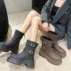 Retro Thick Bottom Short Boots For Women  New Style Belt Buckle Western Cowboy Boots Round Head Middle Tube Thick Heel Boots