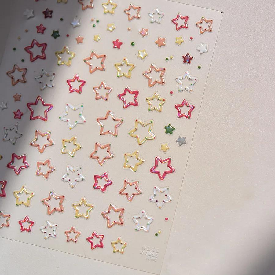 Colorful Five-pointed Star Gird Polka Dot Line Bowknot Cherry 5D Shiny Nail Art Stickers Self Adhesive Decoration Manicure Decal