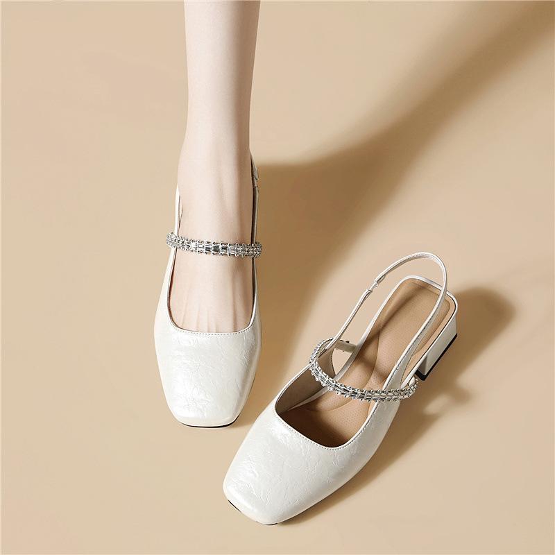 Light luxury Mary Jane shoes square head rhinestone early spring single shoes outer wear single shoes high-end thick heel ballet women's shoes