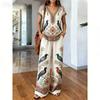 Travel essentials printed two-piece set, vintage elegance V-neck top, loose hierarchy wide-leg pants, vacation style