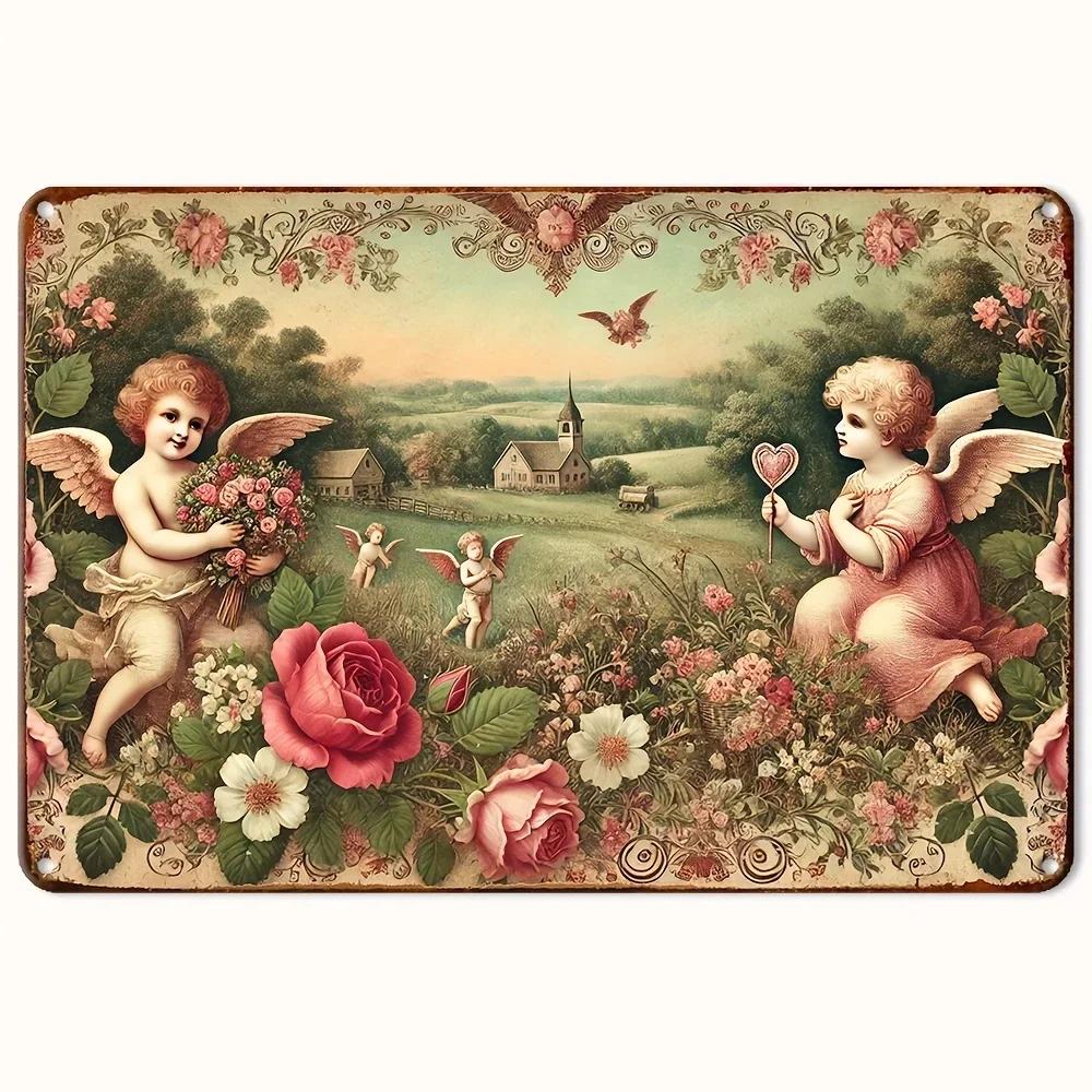 Винтажная жестяная табличка ко Дню святого Валентина с Купидоном – Ангелочки с сердцем    Цветочный дизайн, идеально для домов, садов    Легкий декор 20x30cm