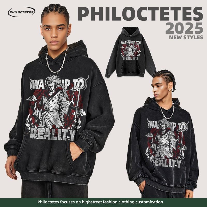 Mens Oversized Vintage Streetwear Hoodie Cotton Heavyweight Washed Graphic Pullover Sweatshirt