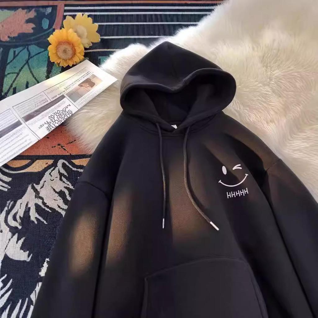 Smiling Face Unisex Hoodie - Spring/Autumn 2024 Trendy Fleece-Lined Loose Fit