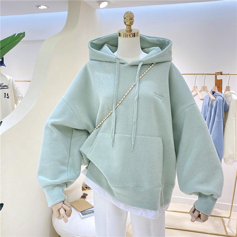 Sweater women's fleece and thicker, autumn and winter splicing fake two-piece embroidered loose hooded jacket