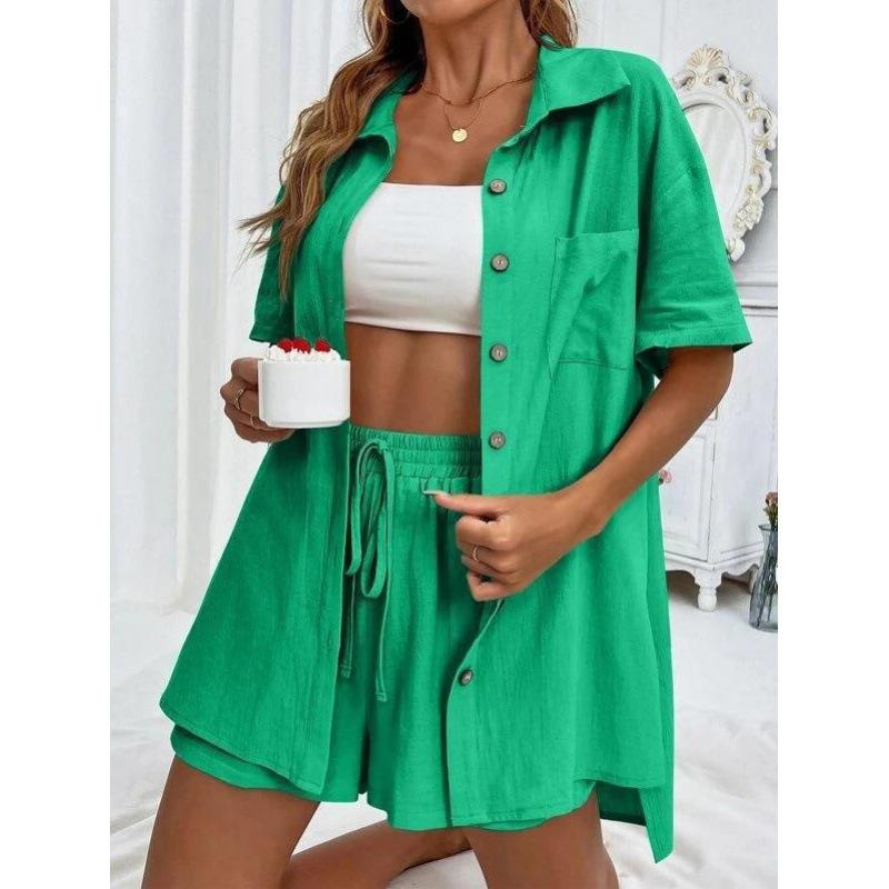 Women's New Fashion Casual Two-Piece Solid Color Loose Shorts & Short-Sleeved Shirt Set