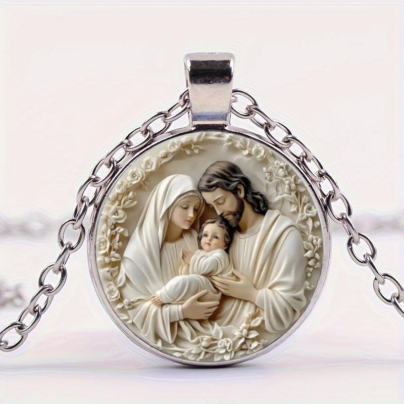 Christian The Holy Family Necklace Round Jesus Glass Dome Cabochon Pendants Necklaces Religious Jewelry