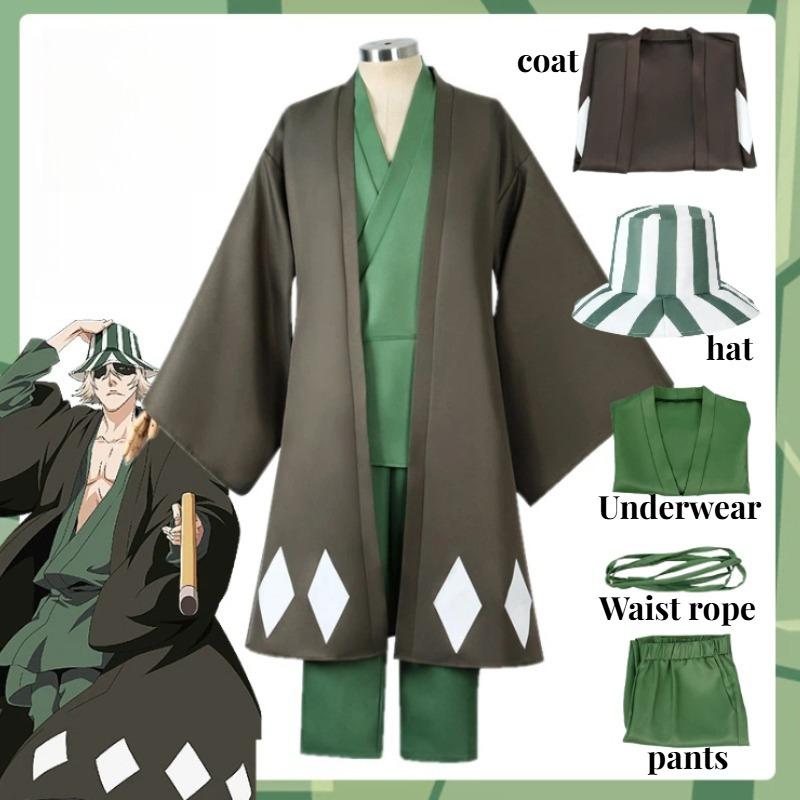 Anime Bleach Cosplay Urahara Kisuke Gotei 13 Costume Kimono Uniforme Cape Haut Pantalon Chapeau Ensemble pour Halloween Carnaval Fête M