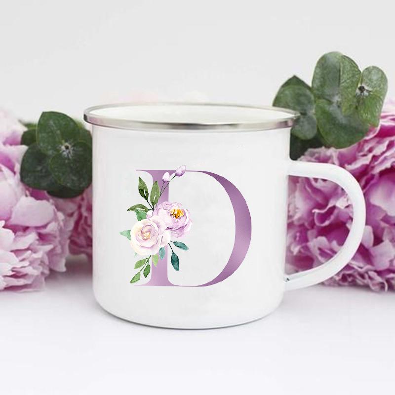 

Letter Flower Print Mugs Creative Coffee Water Cups Drinks Milk Water Cup Enamel Mug Handle Drinkware Wedding Housewarming Gifts 360ml