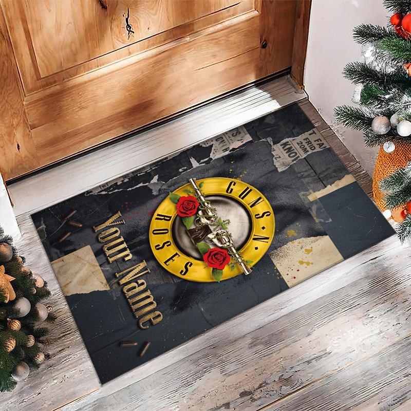 Guns N’ Roses Crystal Velvet Rug, Custom Name Text Personalized Non‑Slip Floor Mat for Home Decor Gift