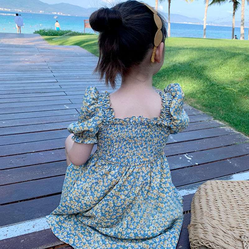 Dívčí šaty čtvercový límec s nabíraným rukávem květinová sukně Dětské šaty princezna bez zad