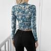 Spring and Summer Women's Transparent Blue Printed Long-sleeved Small Stand-up Collar Mesh Short T-shirt Versatile Closet Essential Fashion Shirt