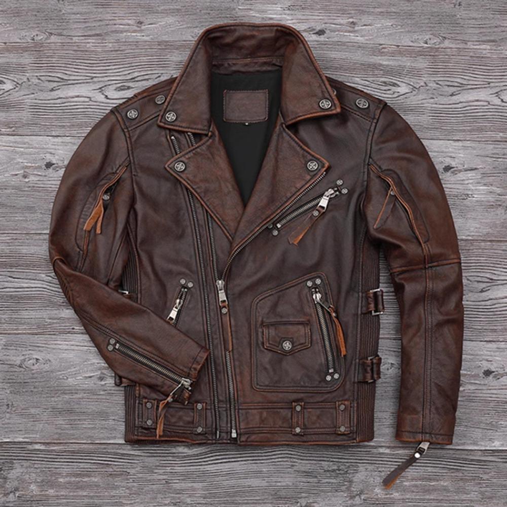 Chinese Size Heavy Motorcycle Jacket Natural Cowhide Leather Top Layer Brown Causal Vintage Retro Moto Suit Leather Coat Winter