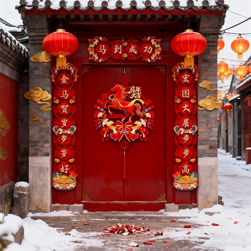 2026 New Year Of The Horse Couplets Spring Festival Door Decorations Couplets New Year Red Felt Chinese Knot Hanging Wall Decor