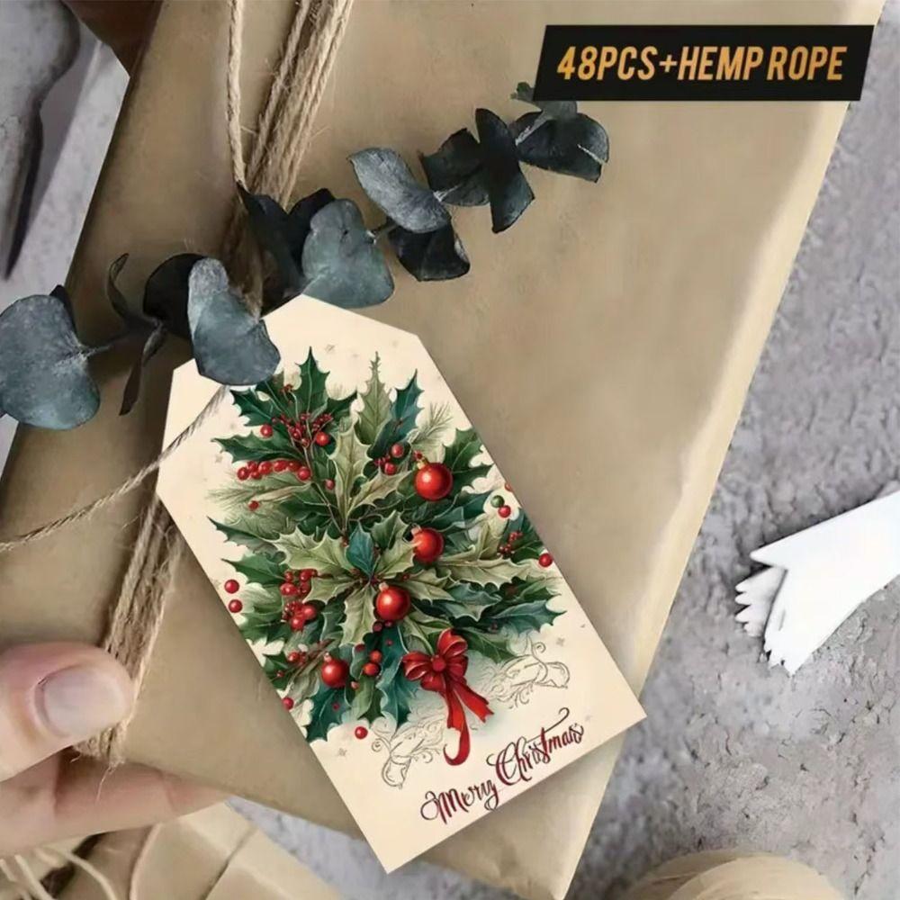48Pcs with Rope Christmas Gift Tags Santa Claus Elk Christmas Hanging Label Paper Wrapping Paper Hang Tags