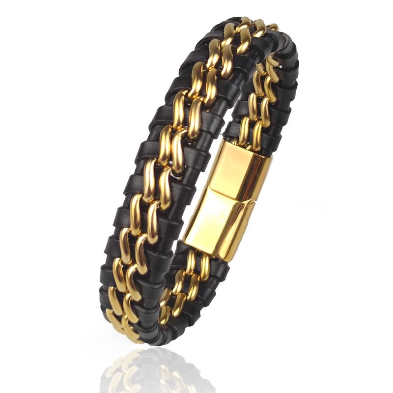 Genuine Leather Chain Bracelet for Men Magnetic Stainless Steel Clasp in Plated Gold Exclusive Jewellery Gift Dropping