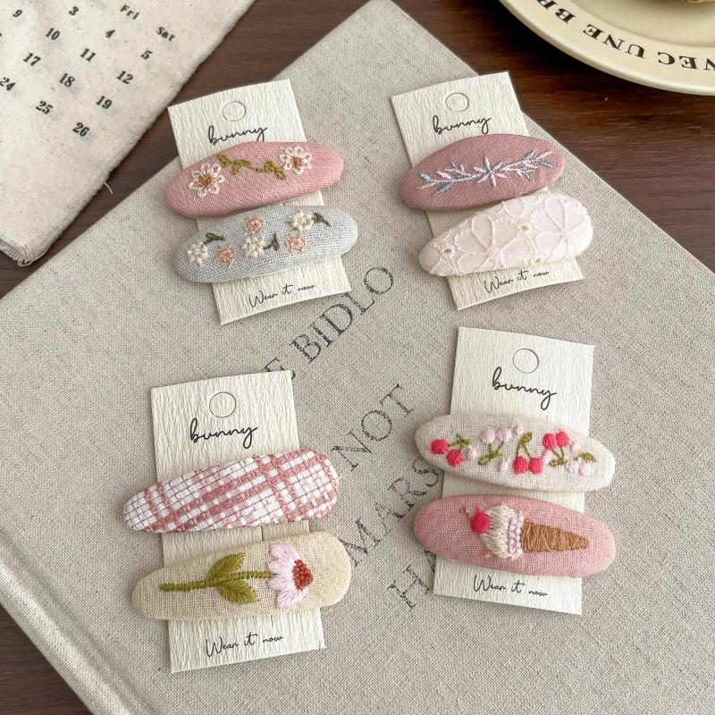 2Pcs Embroidery Flower Children's Hairpin Sweet Hair Clip Bangs Side Clip Hairpin Barrettes Headwear Hair Accessories Headdress