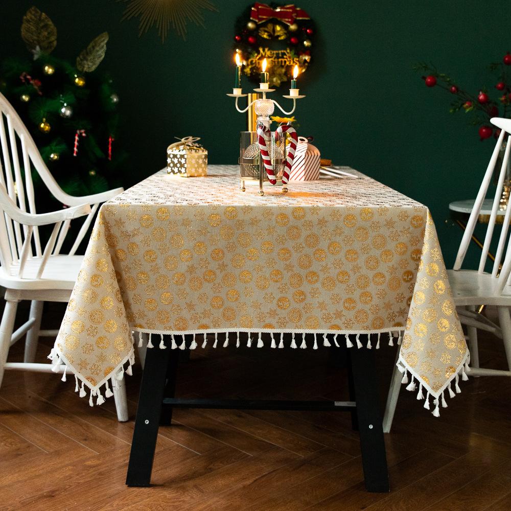 

Amazon Christmas Holiday Tablecloth Bronzing Printing Fabric Cotton And Linen Dining Table Cover Hotel Dust Table Cloth 90*90cm