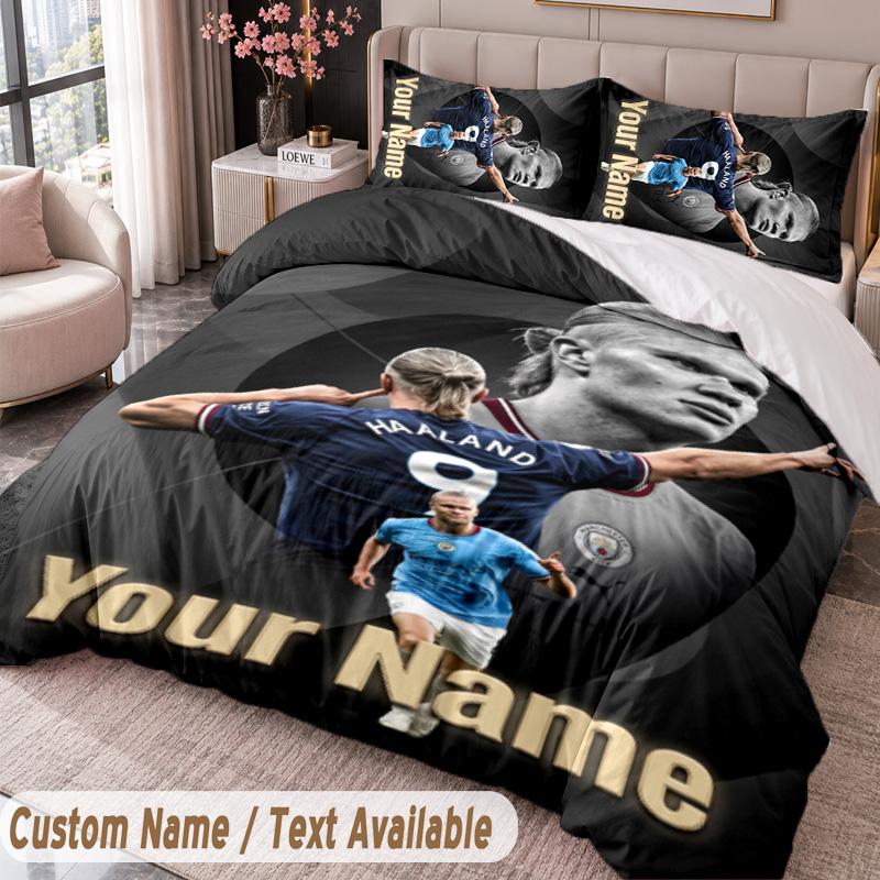 Erling Haaland Printed Bedding Set Custom Name Text 1 Duvet Cover 2 Pillowcases For Bedroom
