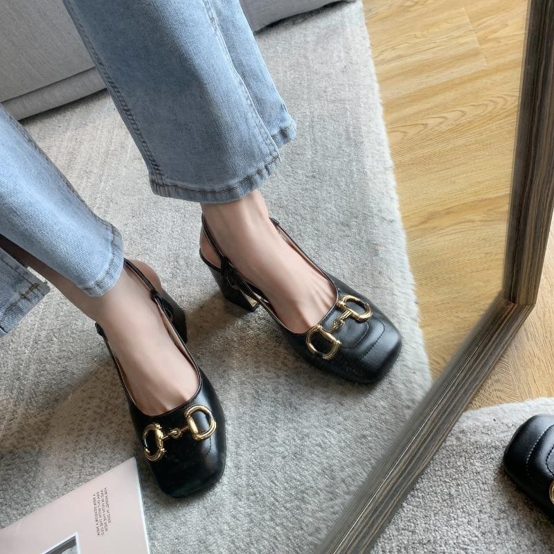 Fashion Shoes Female 2024 Hot Sale One-word Buckle Women's Pumps Autumn Square Toe Solid Metal Decoration Chunky Heels Mary Jane Pumps