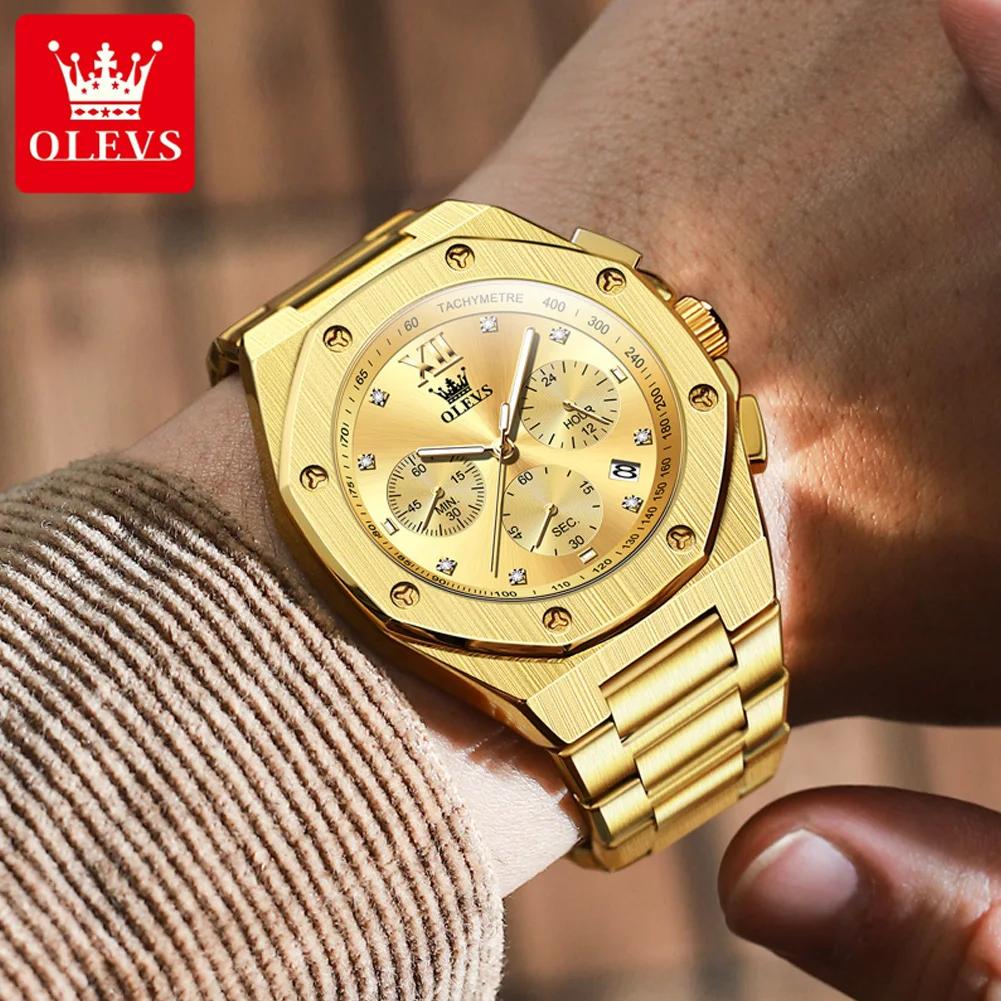 OLEVS Quartz Men Watch Multifunctional Luxury Wristwatch Diamonds Gold Stainless Steel Waterproof Clock