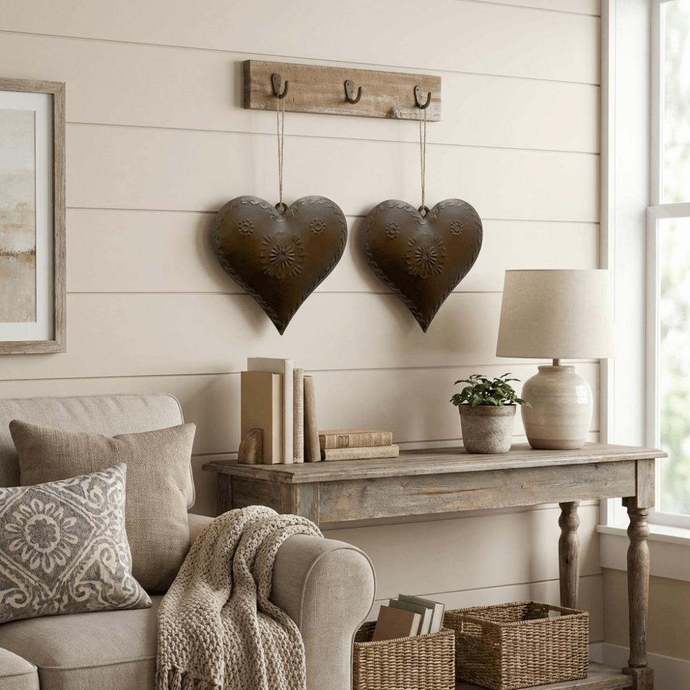 2PCS Vintage Metal Heart Pendant Iron Wall Decor Durable Heart Shaped Ornament  Indoor