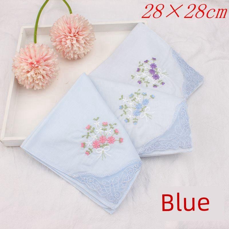 

[Купи 10 Получи 1 в подарок] Женский носовой платок из чистого хлопка с вышивкой, полностью хлопковый, маленького размера, с кружевной фестончатой кромкой, тонкий, прозрачный Blue 3 Pack 28*28cm]