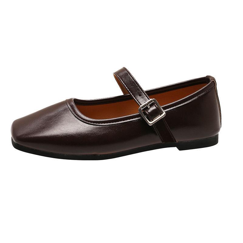 Fashion Elegant Retro Square Toe Mary Jane Flat Bottom Single Shoes Casual Soft Leather Ballet Women's Flats Comfortable Solid Mocasines