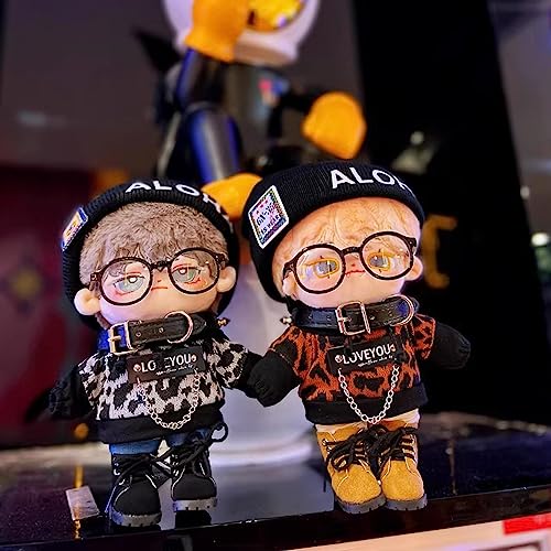 Niannyyhouse 15cm Plush Clothes: Leopard Print Suit, Stretch Hat, Hoodie, Shorts, Accessories, Glasses, Shoes, Cotton Doll, Dress-Up (White+Black, 15c