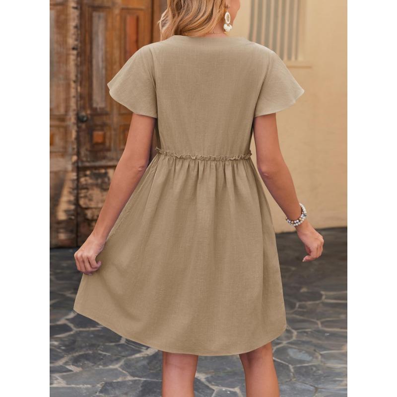 Vestidos casuales de cintura media con cuello en V y manga corta con estampado de Color sólido a la moda para mujer