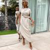 Summer Women Dress Irregular Short Sleeves One Shoulder Solid Color Baggy Ankle Length Tight Waist Slant Neck Lady Commute Prom Party Maxi Dress
