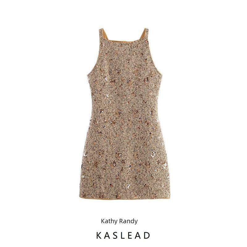 Kaslead New Women Clothes Western Style Fashion Simple Slim Fit Beads Decoration Graceful Dress