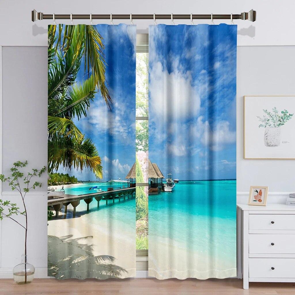 3D Digital Printing Window Curtains, Tree Scenery Playing Dolphin, Bedroom, Living Room, 2 Panels, Free Shipping