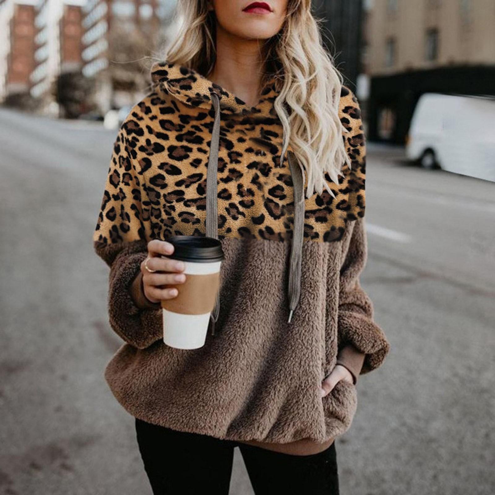 

Women Hooded Sweatshirt Coat Winter Warm Wool Leopard Pocket Cotton Coat Outwear XXXL хакі