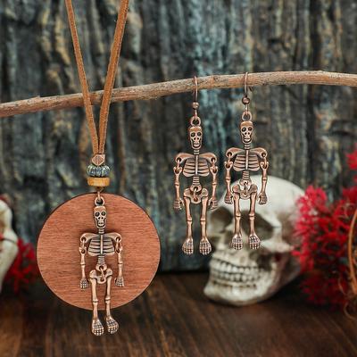 Punk Vintage Bronze Color Skull Earrings Necklaces Set for Women Europe and America Fashion Personality Halloween Jewelry