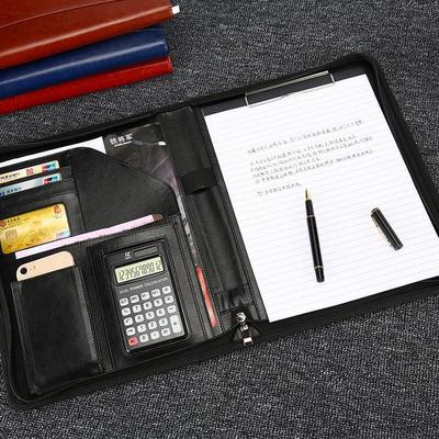 A4 Leather Multifunctional Office Folder with Calculator and Zipper for Business Contracts