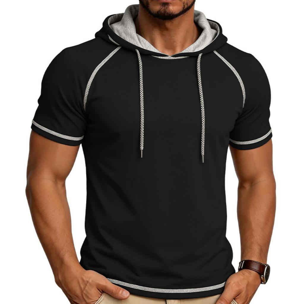 Camiseta de Manga Corta con Capucha para Hombre Casual Pullover Ligera Manga Raglán Sudadera con Cordón Ajuste Atlético Top de Verano
