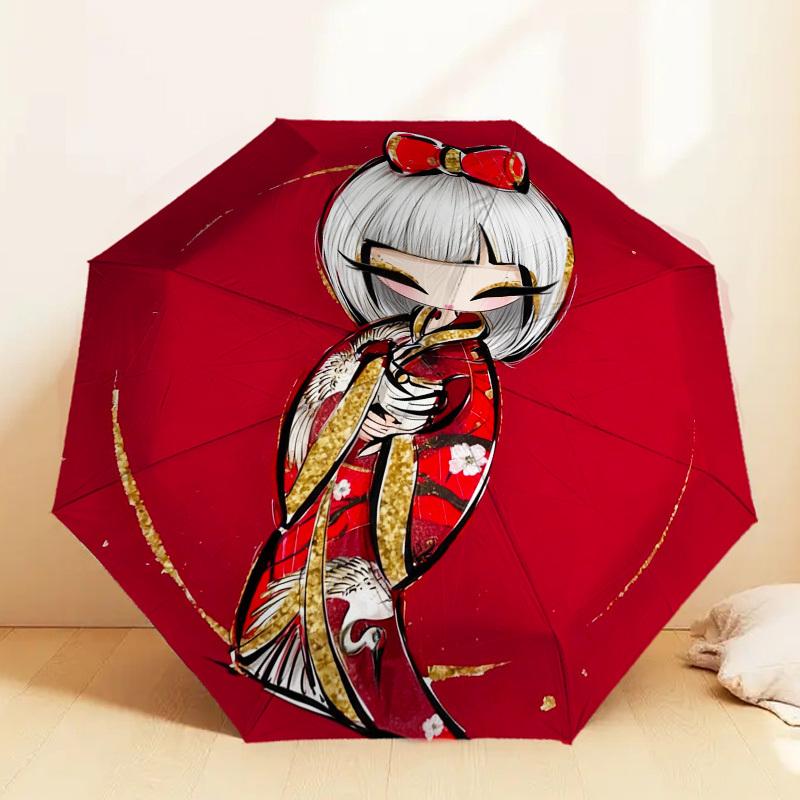 1pc Kimono Flowers Automatic Folding Umbrella, Heavy Duty 8 Rib Iron Frame,  Suitable for Travel, Daily Use, Birthday, Decor Gift m0104023
