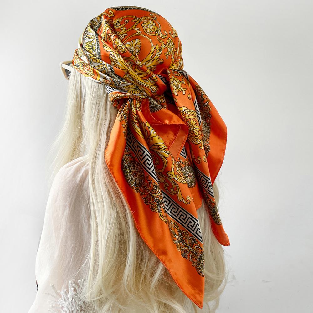Nový luxusní bohémský čtvercový hedvábný šátek s květinovým potiskem, unisex, saténová šála na hlavu, módní šátek na krk, bandana One Size oranžová