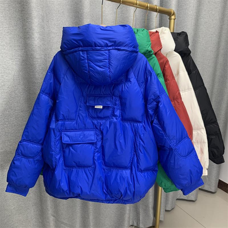 Zima Podzim Ženy Volný Polstrovaný Zip Jednobarevné Módní Bunda S Kapucí Límec Vše Odpovídající Teplý Bílý Kabát