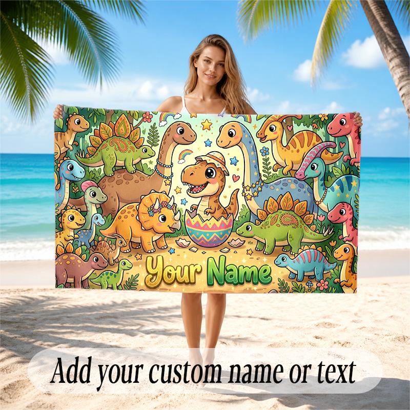 Dinosaur Theme Quick Dry Beach Towel Custom Name Text Print Large Sand Resistant Towel Beach Vacation