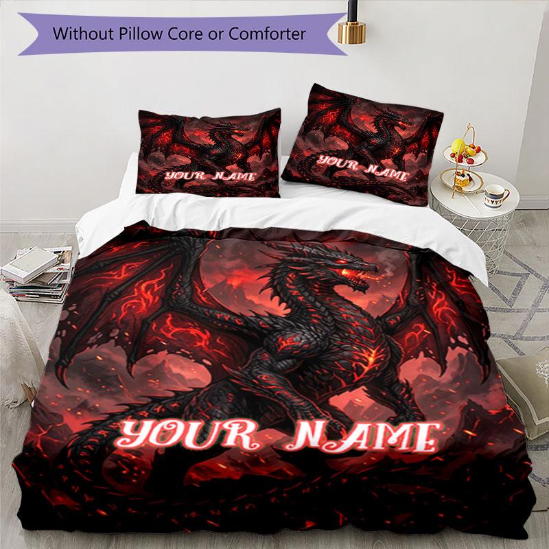 3PC Custom Name Dragon Artwork Bedding Set Duvet Cover Closure Includes 1 Duvet Cover & 2 Pillowcases for Bedroom