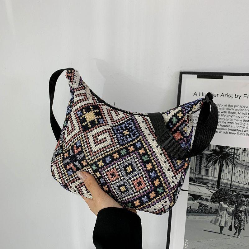 Ethnic Style Women's Small Bag 2024 Summer New Casual Bag Hand-held Lady Single Shoulder Underarm Lady Small Square Bag Black Deep Blue Floral Purple