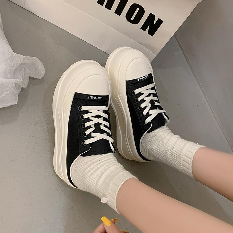 Muffin Thick-soled Heightening Women's Shoes Soft Leather Bag Head Half Slippers Outer Wear 2025 Spring and Summer New Little White Shoes Board Shoes