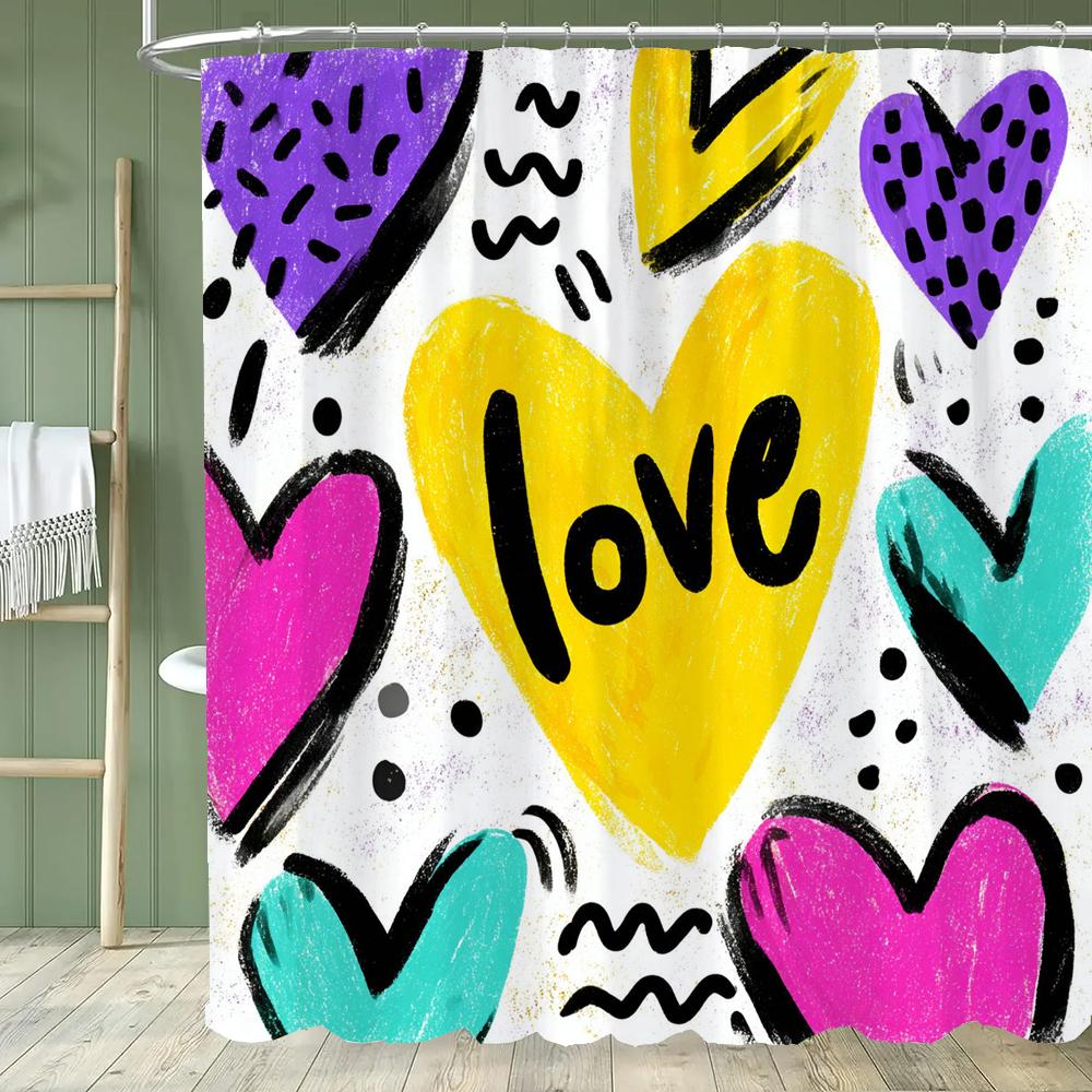 Modern Red Love Pattern Shower Curtain,Lover Printed Polyester Fabric Decorative Bathroom Curtain, Home Curtain with Hooks