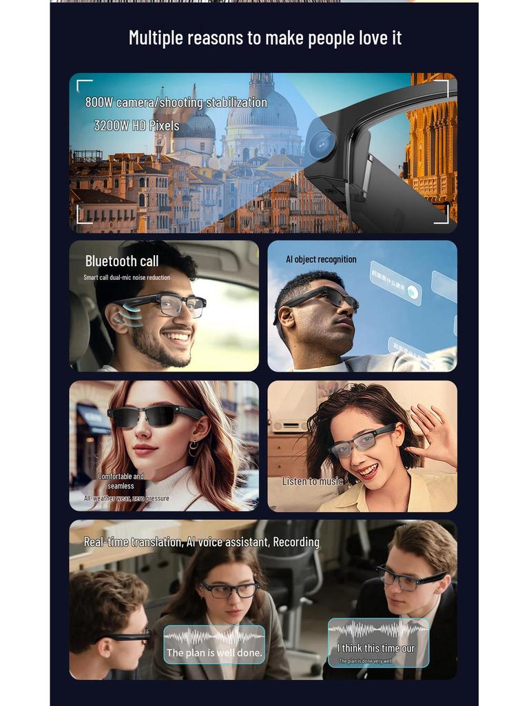 Lunettes Métalliques Bluetooth Intelligentes: Changement de couleur, Lecture de musique, Caméra 8MP, Traduction globale