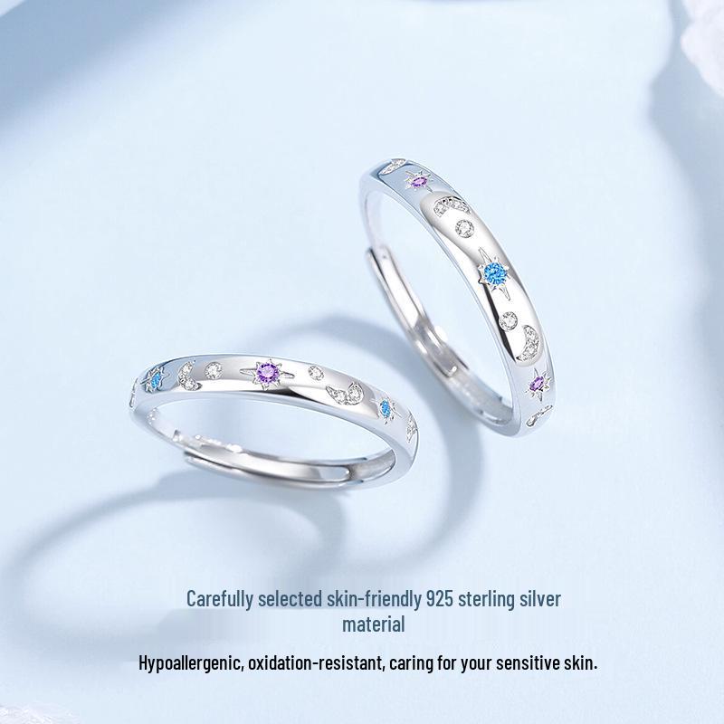 Tichia Star & Moon S925 Sterling Silver Adjustable Unisex Couple Rings - Original Niche Design