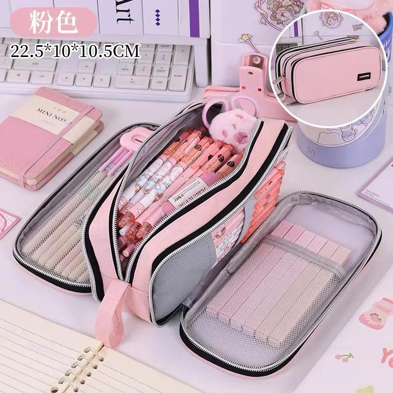 

3 Compartment Pouch Double Side Opened Student Stationery Desk Organizer Makeup Bag Kawaii Pencil Case Large Space Storage рожевий