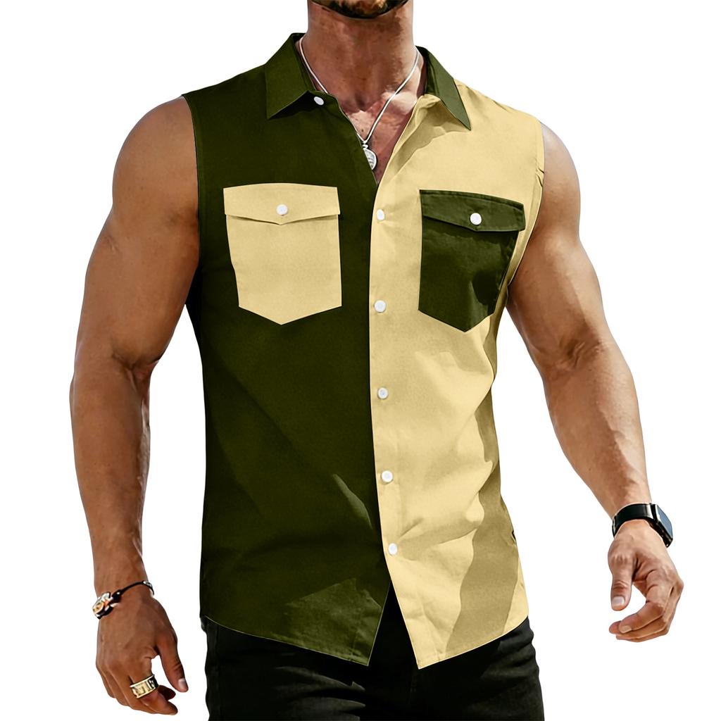 Men's Workwear Lapel Button-Down Vest Shirt - Lightweight Sleeveless Top